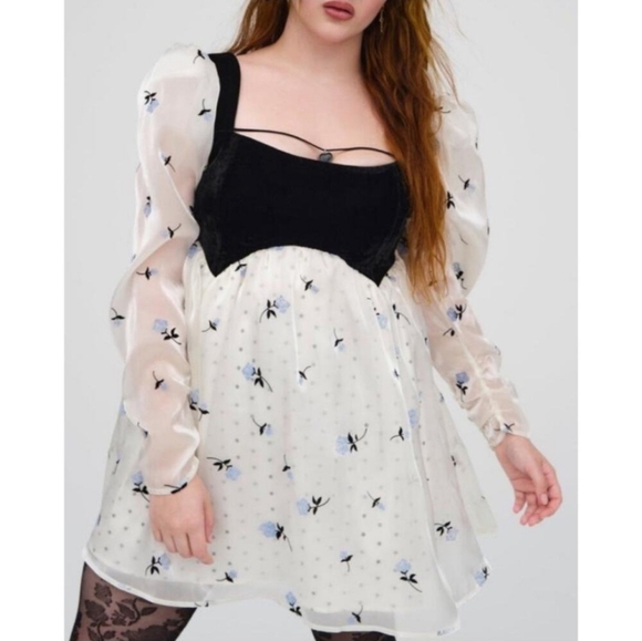 NWT For Love & Lemons Marcella Floral Long Sleeve Sheer Puff Sleeve Mini Dress - Picture 3 of 9